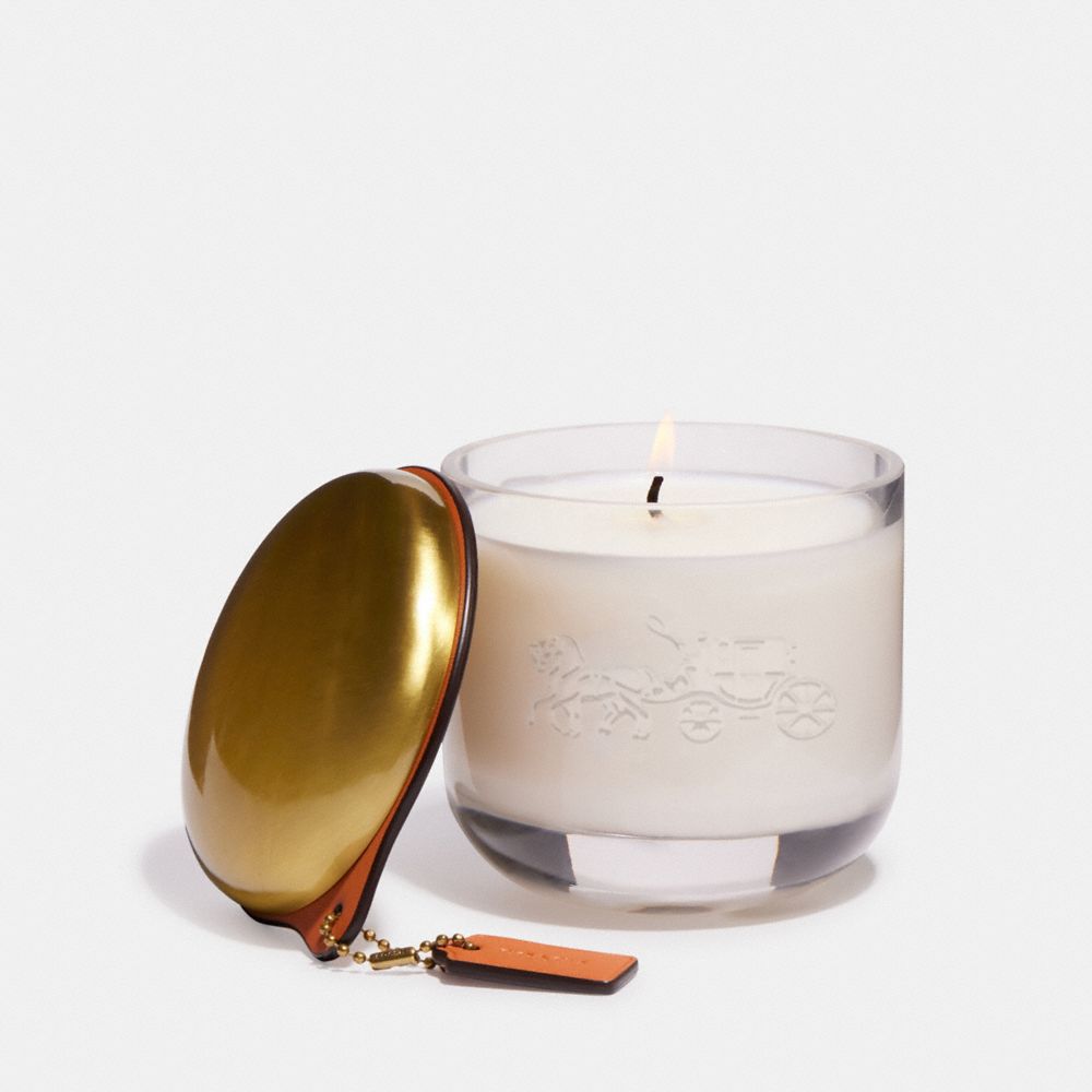 COACH®,Coach Candle,Candle,Glass,Candle Lid Included,Brass,White,Front View