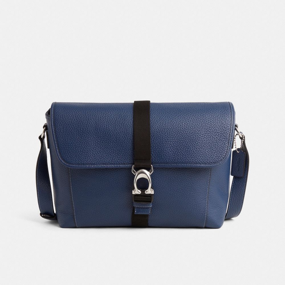 COACH®,Restored Beck Messenger,Leather,Messenger Bag,Logo,Metal,Silver Metal,Casual,Navy,Front View
