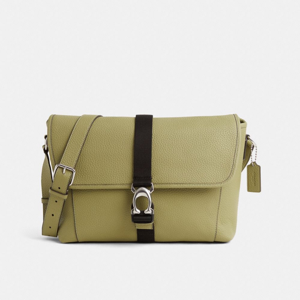 COACH®,Restored Beck Messenger,Leather,Messenger Bag,Logo,Metal,Silver Metal,Casual,Olive,Front View
