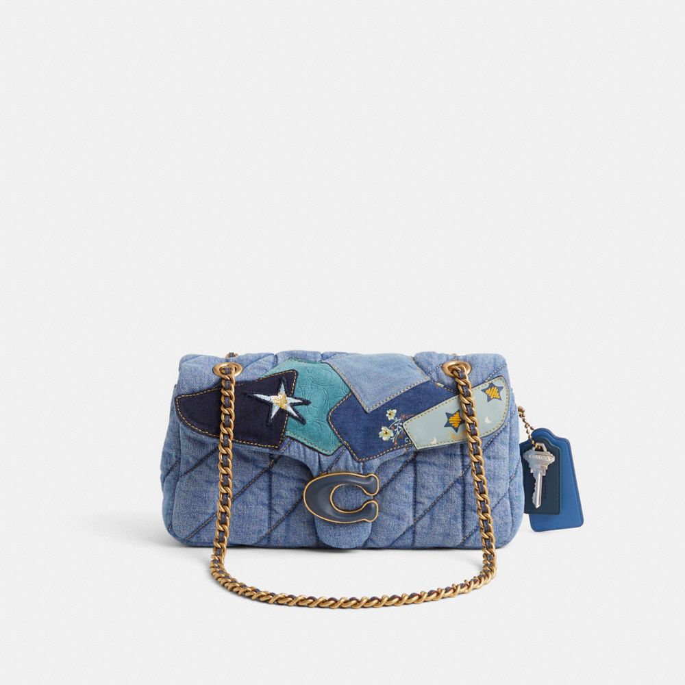 COACH®,Upcrafted Tabby Shoulder Bag 26,Cotton,Denim,Shoulder Bag,Applique,Metal,Sequin,Color Block,Logo,Patchwork,Chain De...,Blue,Front View