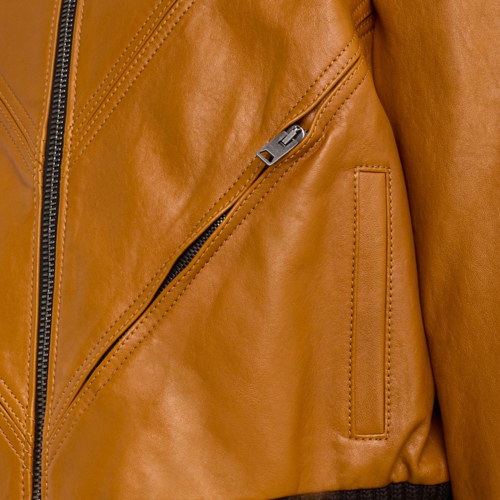 COACH®,Restored Leather Tailored Bomber Jacket With Piecing,,Scale View