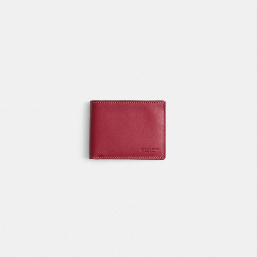 COACH®,Restored Slim Billfold Wallet,Leather,Bi Fold,Engraved Detail,Logo,Casual,Maroon,Front View