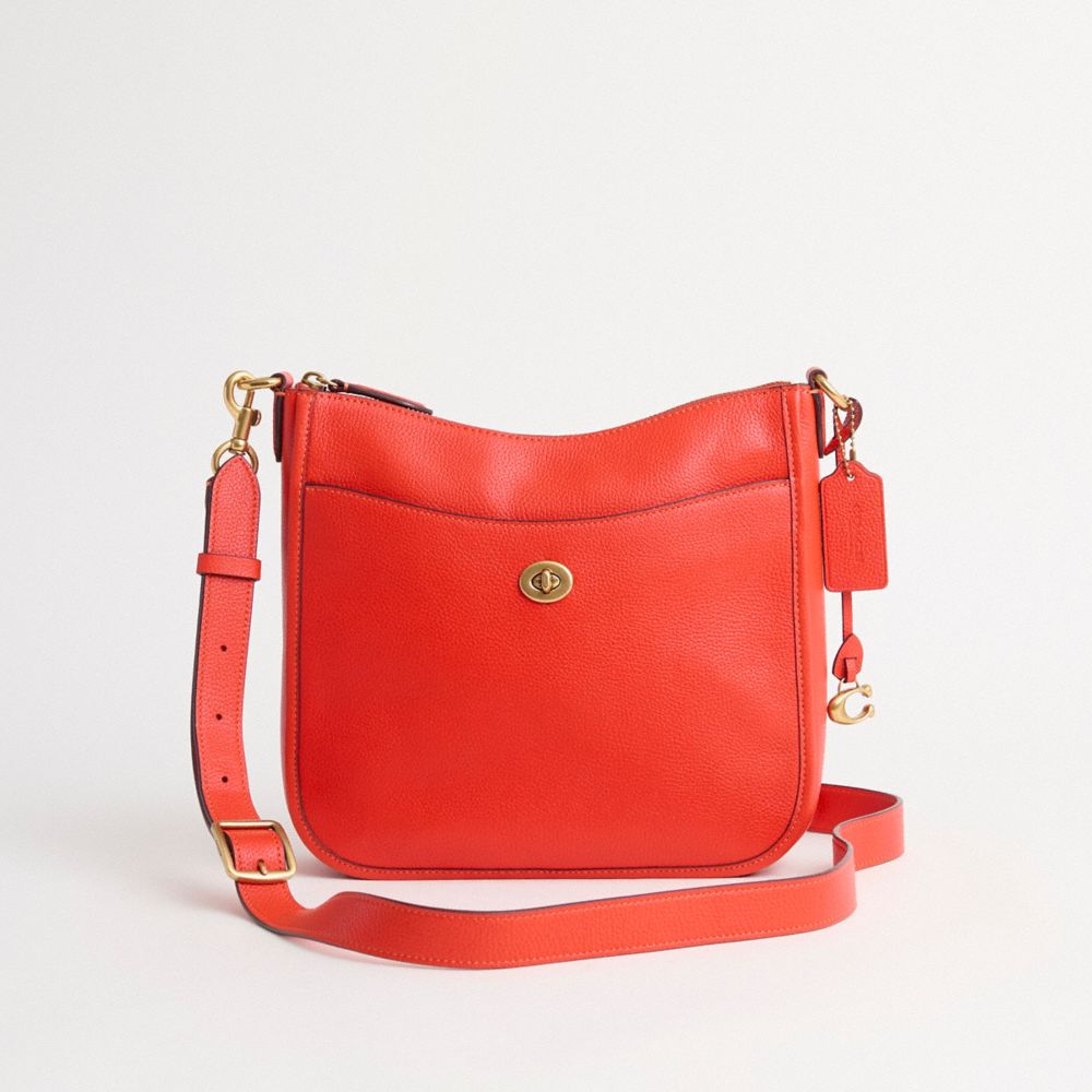 COACH®,Restored Chaise Crossbody,Leather,Crossbody,Metal,Logo,Casual,Orange,Front View