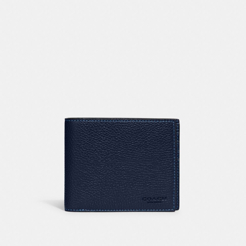 COACH®,3 In 1 Wallet,Leather,Bi Fold,Embossed,Logo,Casual,Navy,Front View