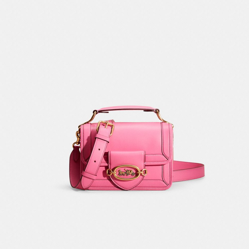 COACH®,Restored Hero Shoulder Bag,Calfskin Leather,Satchel,Logo,Metal,Brass,Casual,Work,Pink,Front View