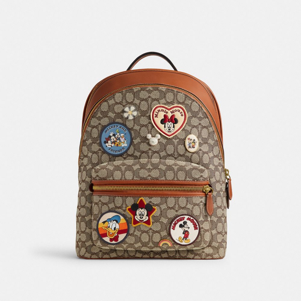 COACH®,Disney X Coach Charter Backpack In Signature Textile Jacquard With Patches,Polyester,Leather,Cotton,Backpack,Color ...,Multi Color,Front View