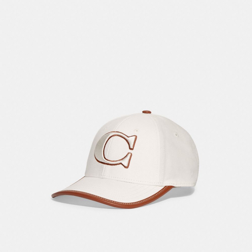 COACH®,Baseball Hat,Leather,Cotton,Baseball Cap,Leather Embellishment,Casual,White,Front View