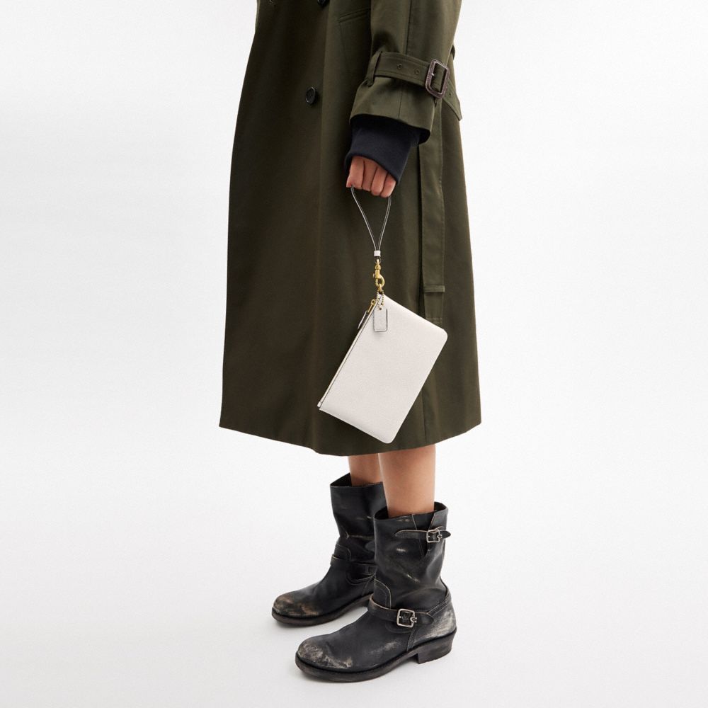 COACH®,Essential Small Wristlet,Leather,Wristlet,Pouch,Faux Leather,Logo,Metal,Embossed,Casual,White,Detail View