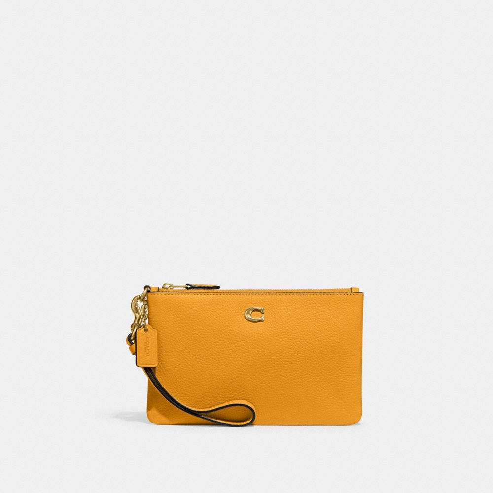 COACH®,Essential Small Wristlet,Leather,Wristlet,Pouch,Faux Leather,Logo,Metal,Embossed,Casual,Mustard,Front View