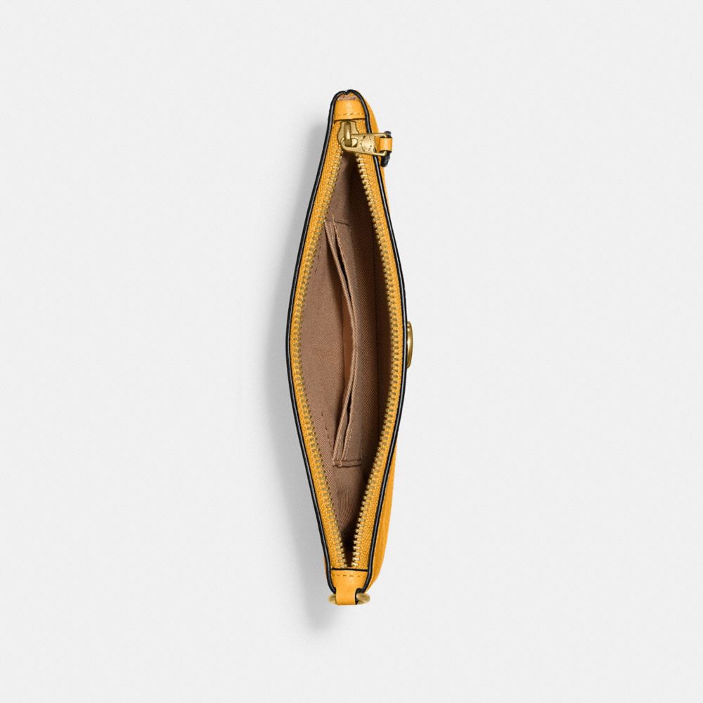 COACH®,Essential Small Wristlet,Leather,Wristlet,Pouch,Faux Leather,Logo,Metal,Embossed,Casual,Mustard,Inside View,Top View