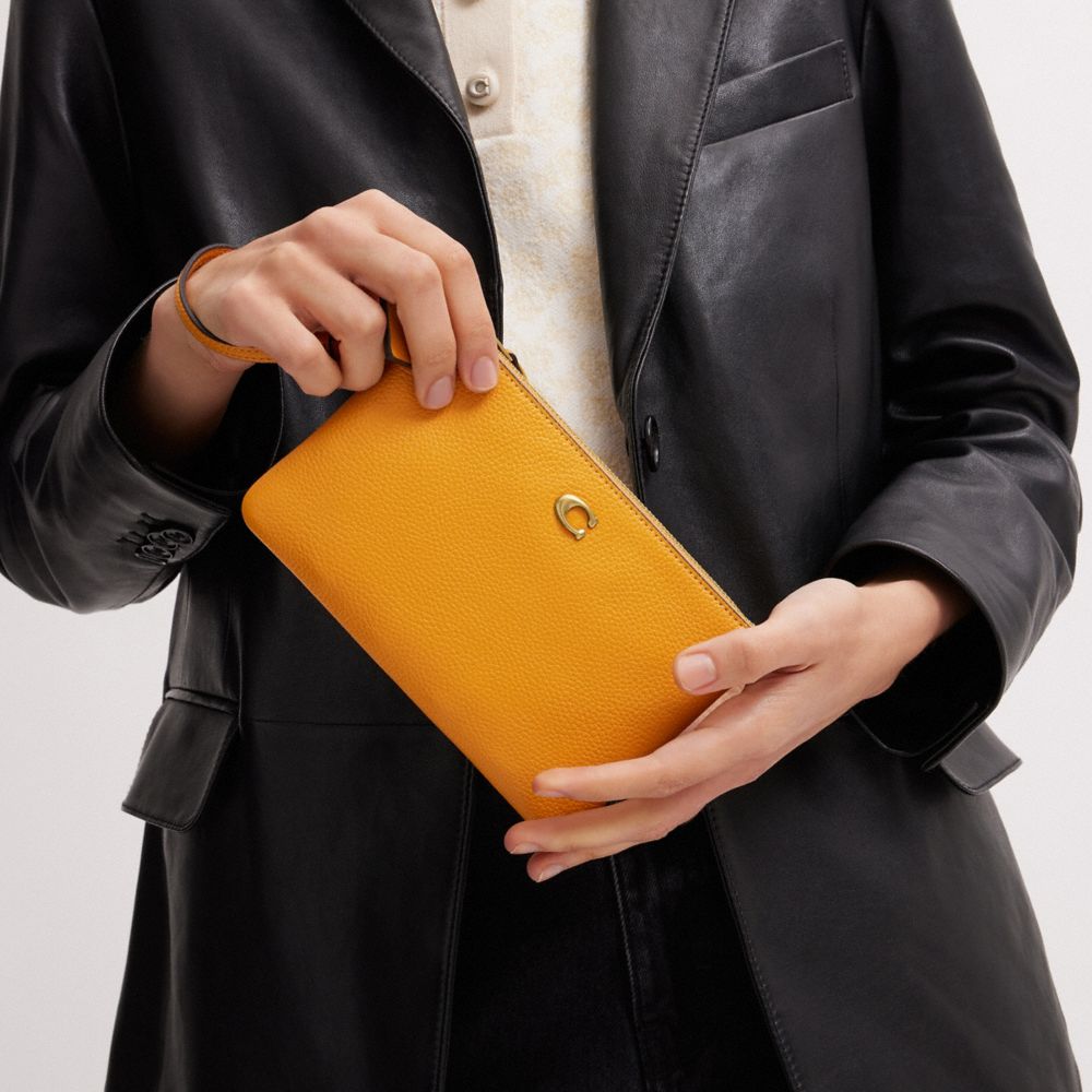 COACH®,Essential Small Wristlet,Leather,Wristlet,Pouch,Faux Leather,Logo,Metal,Embossed,Casual,Mustard,Detail View
