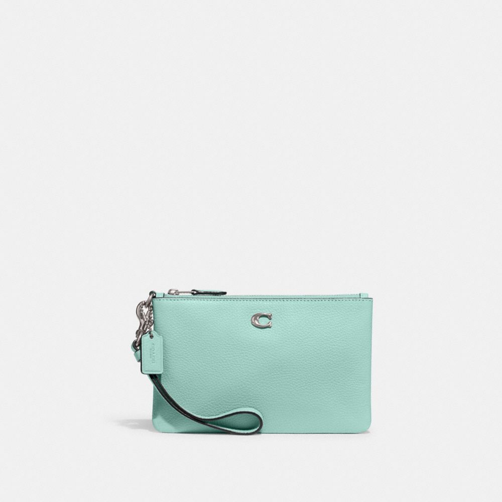 COACH®,Essential Small Wristlet,Leather,Wristlet,Pouch,Faux Leather,Logo,Metal,Embossed,Casual,Turquoise,Front View