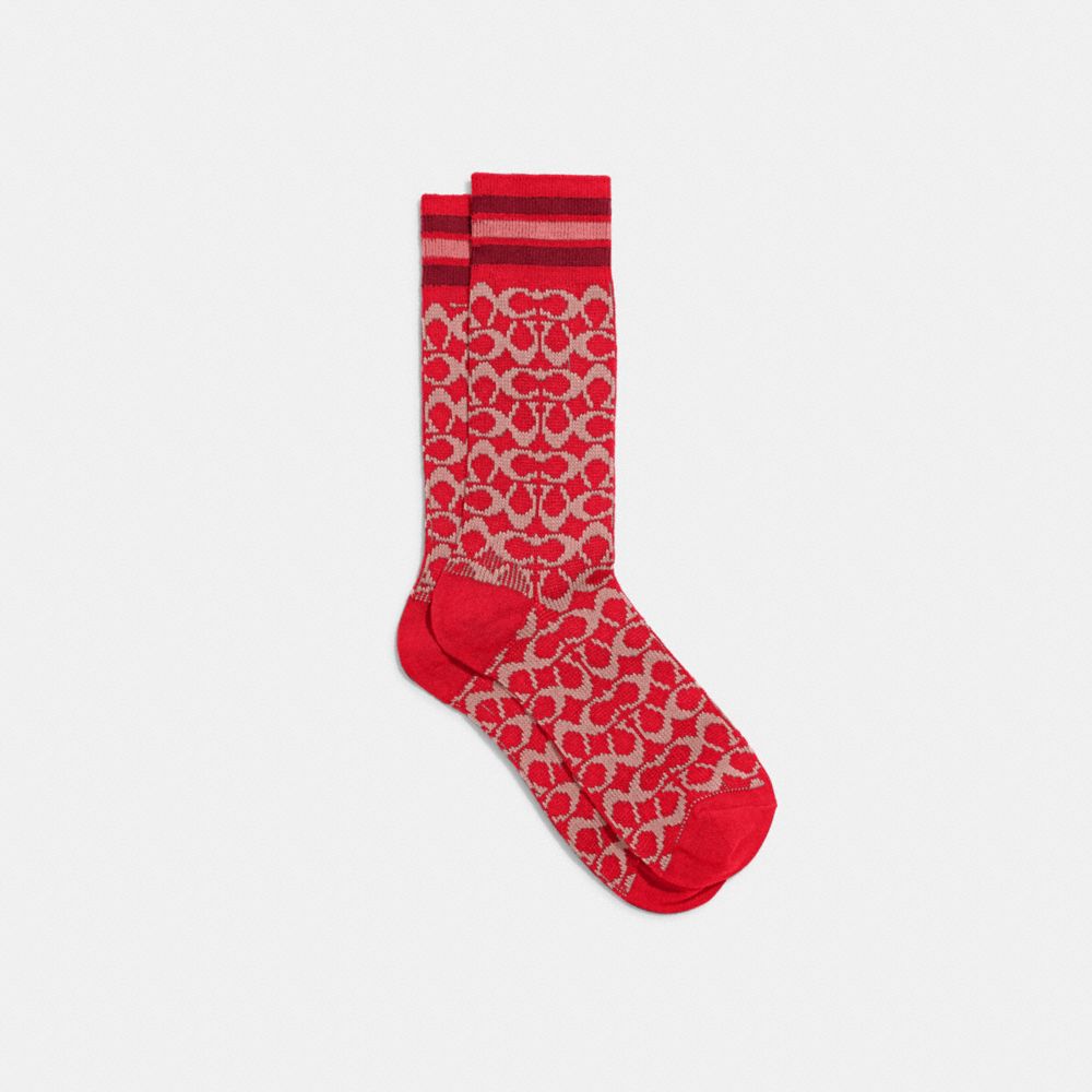 COACH®,Signature Socks,Spandex,Cotton,Polyester,Polyamide,Crew Socks,Stripe,Set,Casual,Red,Front View