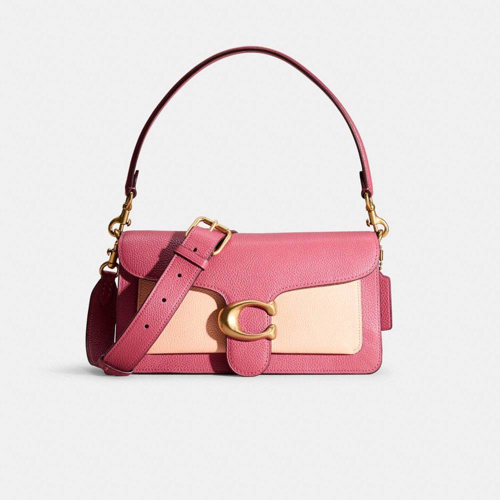 COACH®,Restored Tabby Shoulder Bag 26 In Colorblock,Leather,Shoulder Bag,Metal,Color Block,Logo,Compact,Gold Metal,Day Party,Pink,Front View
