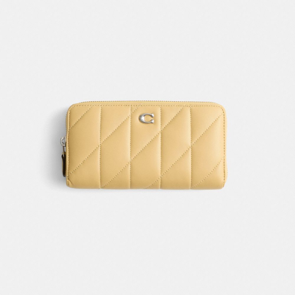 COACH®,Restored Accordion Zip Wallet With Pillow Quilting,Continental,Logo,Metal,Casual,Beige,Front View