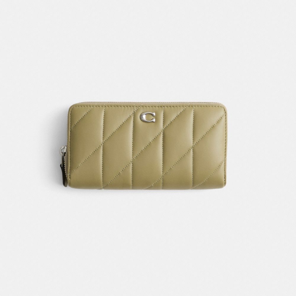COACH®,Restored Accordion Zip Wallet With Pillow Quilting,Continental,Logo,Metal,Casual,Olive,Front View