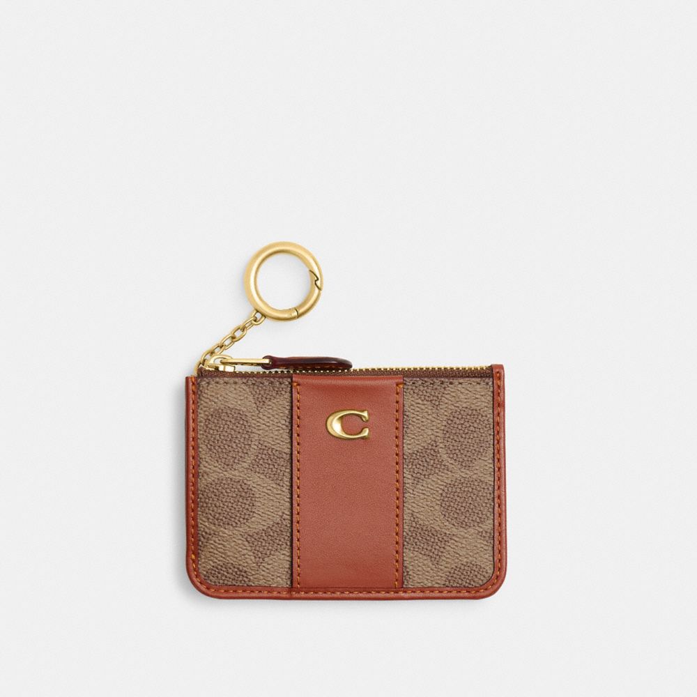 COACH®,Essential Mini Id Card Case In Signature Canvas,Calfskin Leather,Canvas,Card Case,Coin,Faux Leather,Color Block,Pip...,Brown,Front View