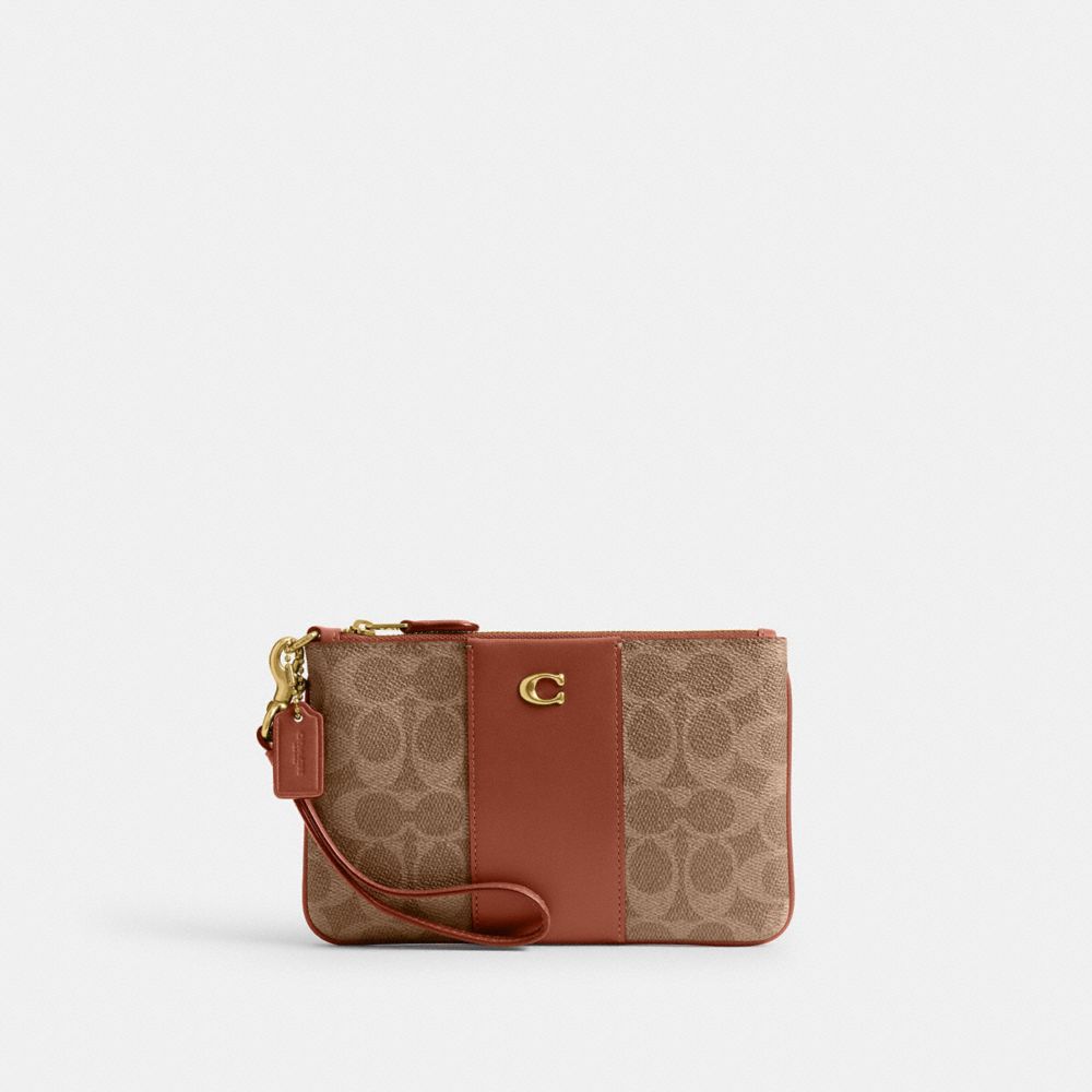 COACH®,Essential Small Wristlet In Signature Canvas,Canvas,Calfskin Leather,Wristlet,Pouch,Color Block,Logo,Metal,Gold Met...,Brown,Front View