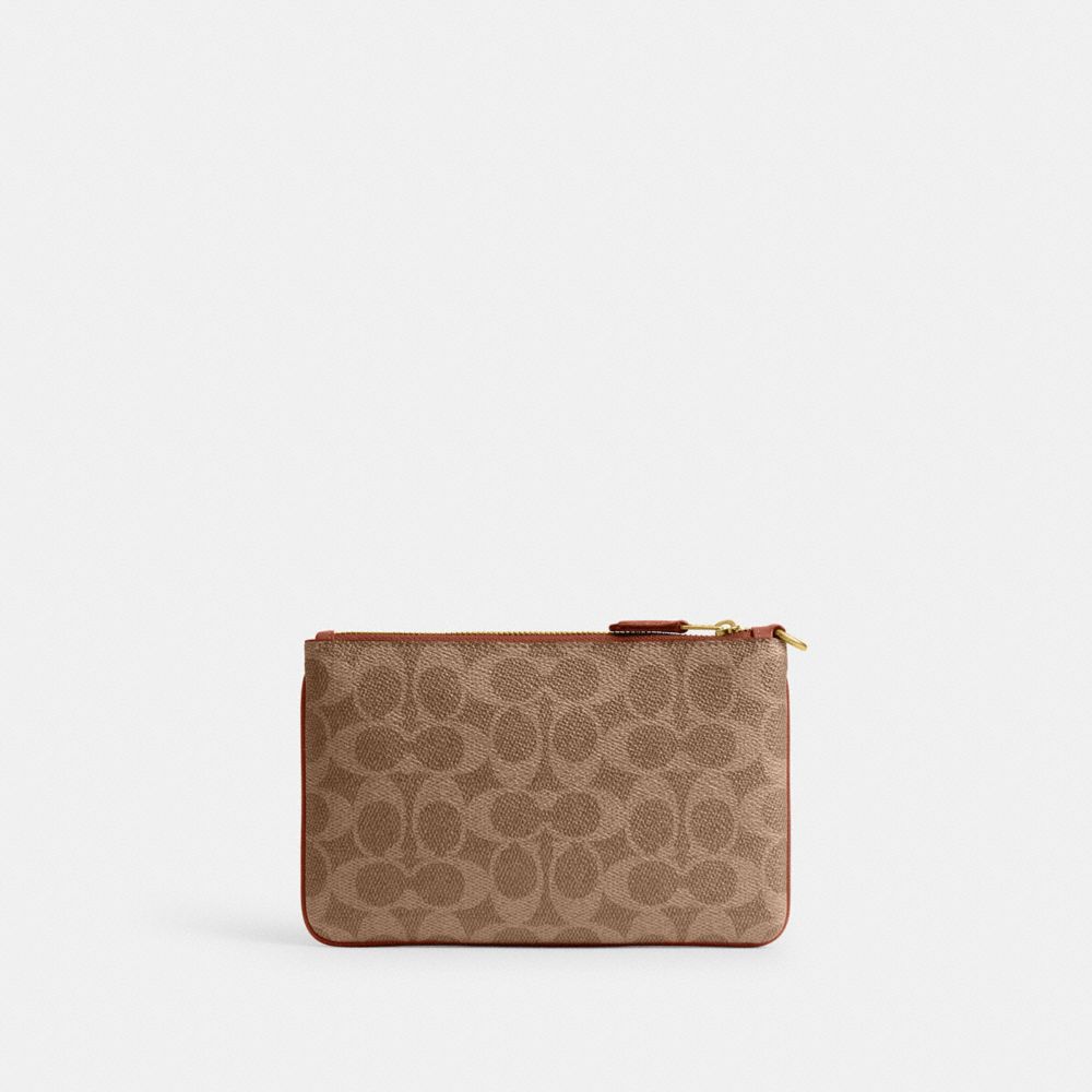 COACH®,Essential Small Wristlet In Signature Canvas,Canvas,Calfskin Leather,Wristlet,Pouch,Color Block,Logo,Metal,Gold Met...,Brown,Back View