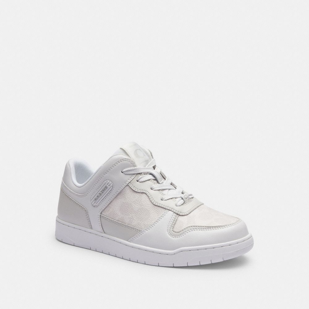 COACH®,C201 Low Top Sneaker In Signature Canvas,Lining Fabric,Leather,Casual,Fabric,Mixed Media,Traction,Casual,Gray,Front View
