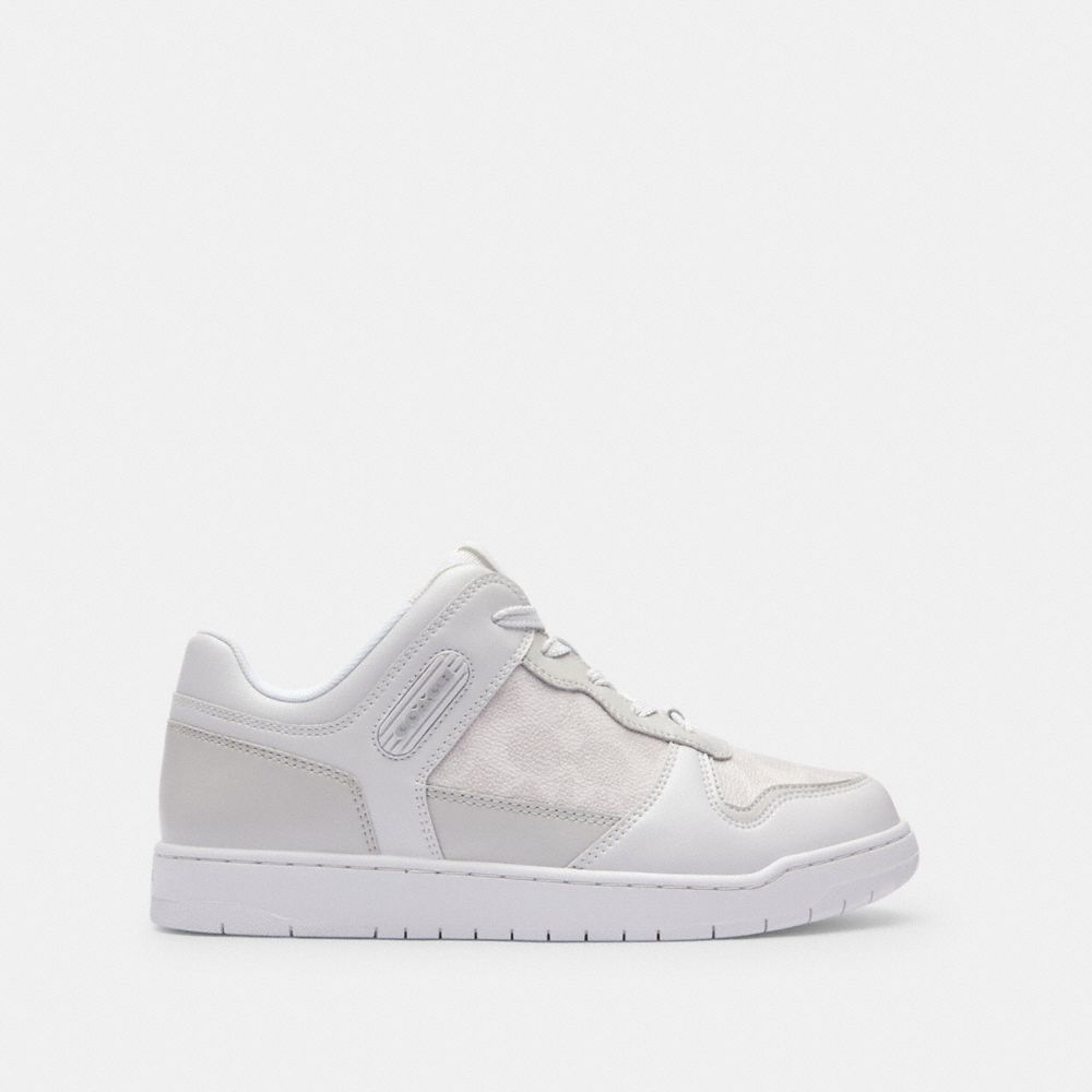 COACH®,C201 Low Top Sneaker In Signature Canvas,Lining Fabric,Leather,Casual,Fabric,Mixed Media,Traction,Casual,Gray,Angle View