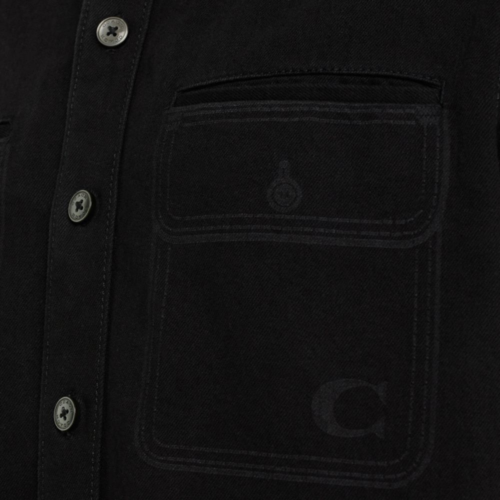 COACH®,Restored Trompe L'oeil Denim Shirt,Leather,Cotton,Button Down,Logo,Word Embellishment,Casual,,Scale View