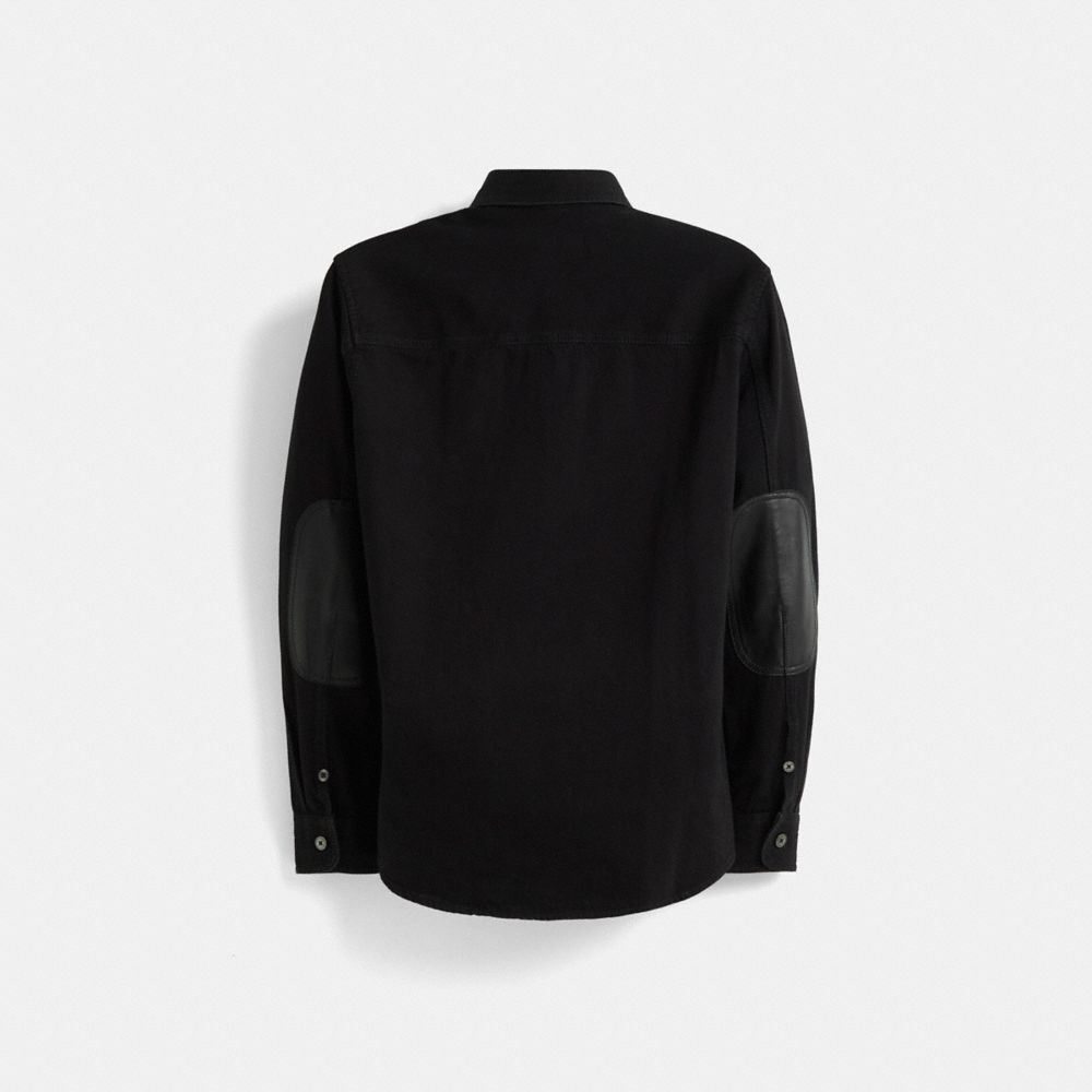 COACH®,Restored Trompe L'oeil Denim Shirt,Leather,Cotton,Button Down,Logo,Word Embellishment,Casual,,Back View