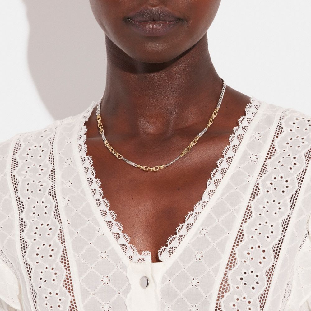 COACH®,Signature Mixed Chain Necklace,Single Strand,Chain Link,Logo,Mixed Metal,Casual,,Detail View