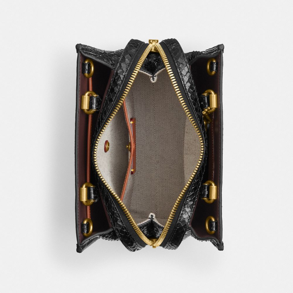 COACH®,Rogue 20 In Snakeskin,Leather,Satchel,Logo,Metal,Compact,Work,Black,Inside View,Top View