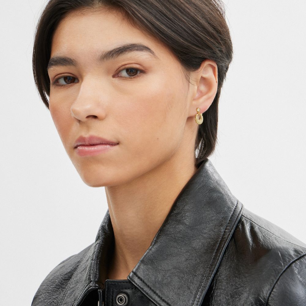 COACH®,Signature Pavé Earrings,Dangle Earring,Glass,Crystal,Logo,Lettering Word,Gem Embellishment,Titanium,Brass,Work,Casual,Clear,Detail View