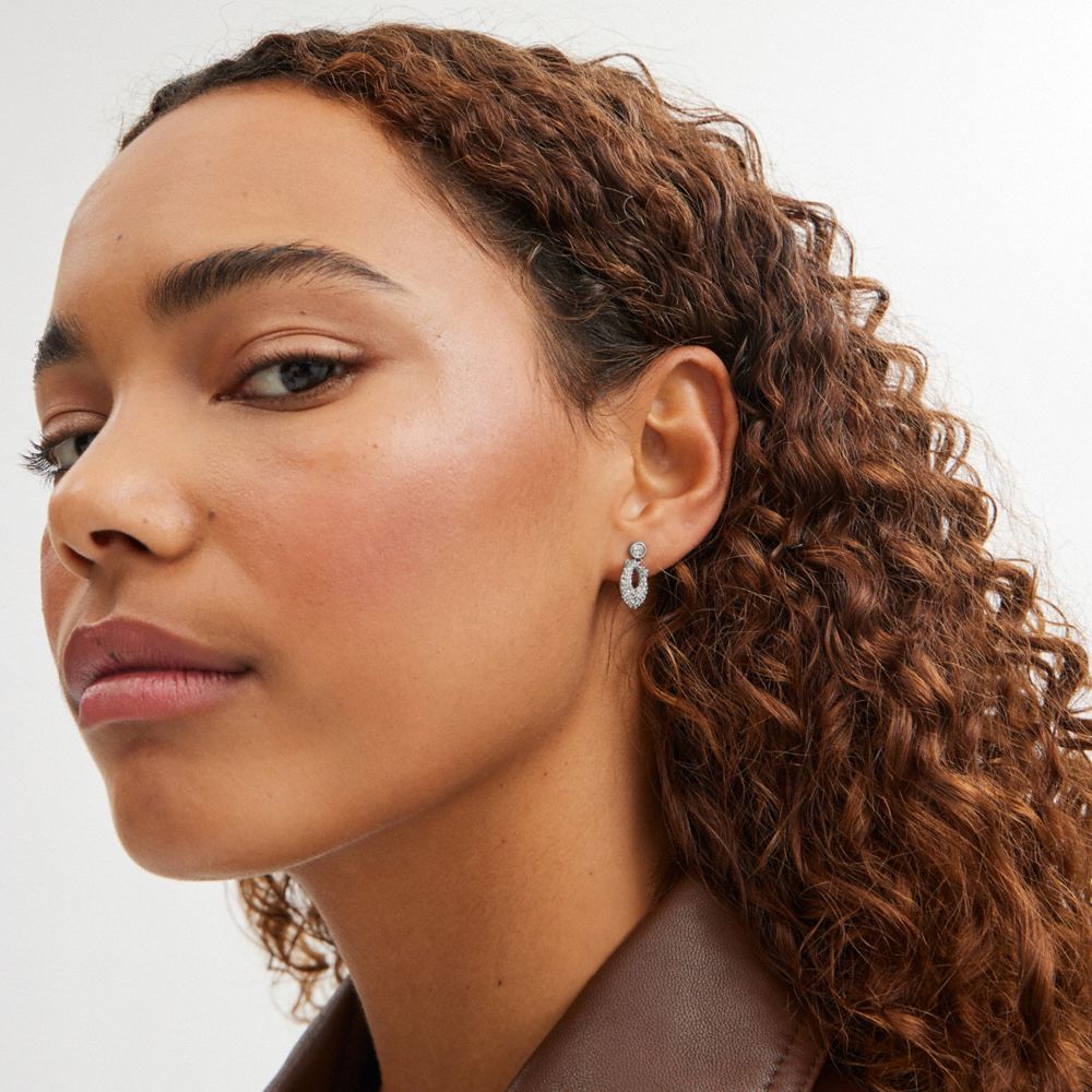 COACH®,Signature Pavé Earrings,Dangle Earring,Glass,Crystal,Logo,Lettering Word,Gem Embellishment,Titanium,Brass,Work,Casual,Clear,Detail View