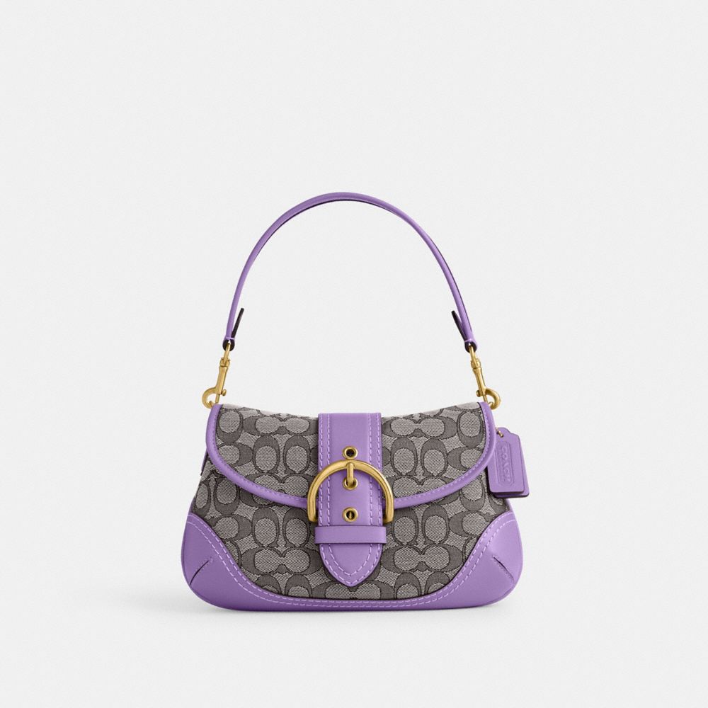 COACH®,Soho Flap Bag In Signature Jacquard,Recycled Polyester,Leather,Canvas,Cotton,Shoulder Bag,Piping,Color Block,Gold M...,,Front View