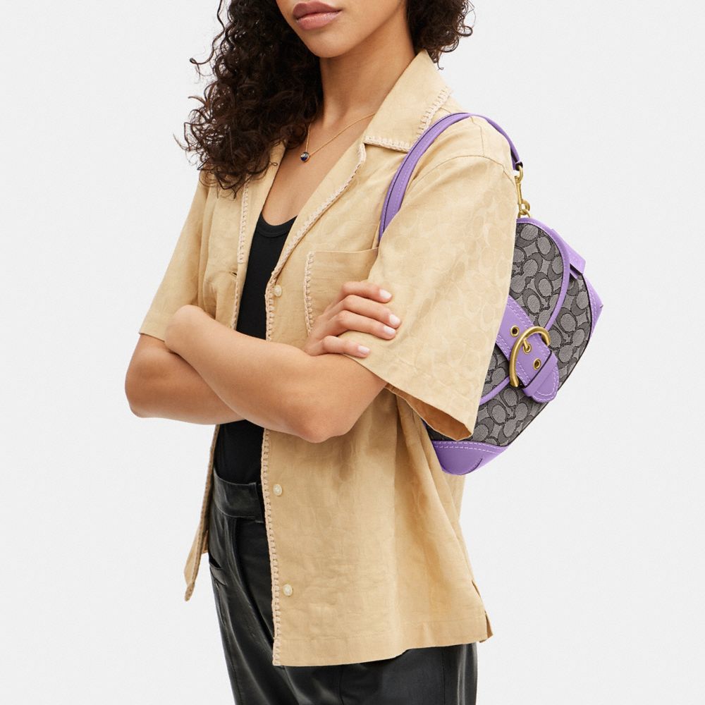 COACH®,Soho Flap Bag In Signature Jacquard,Recycled Polyester,Leather,Canvas,Cotton,Shoulder Bag,Piping,Color Block,Gold M...,,Detail View
