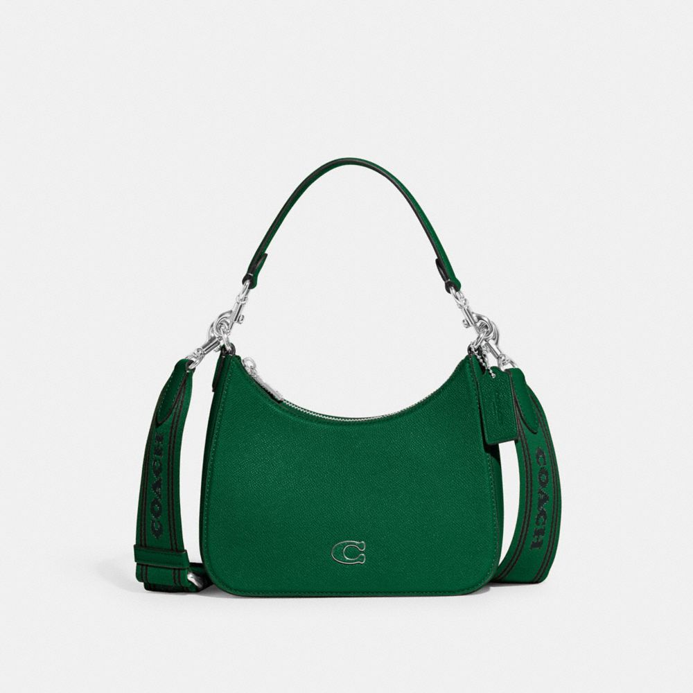 COACH®,Hobo Crossbody Bag,Canvas,Leather,Crossbody,Stripe,Scratch Resistant,Casual,Emerald,Front View