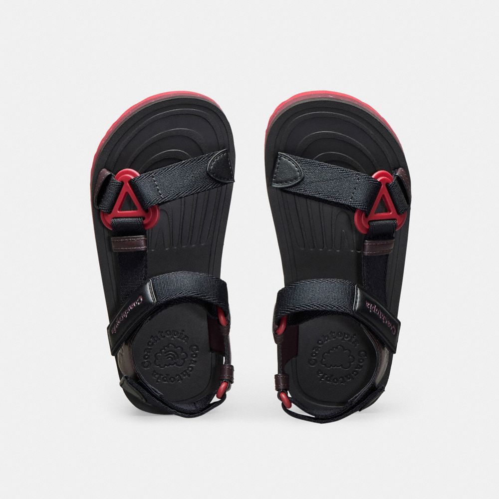 COACH®,Strappy Sandal,Coachtopia
					Leather,Black/Oxblood Multi,Inside View,Top View