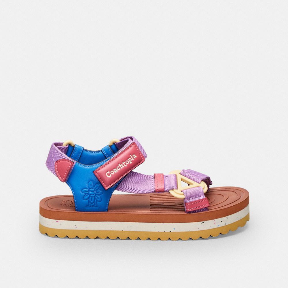 COACH®,Strappy Sandal,Coachtopia Leather,Burnished
					Amber/Violet Multi,Angle View