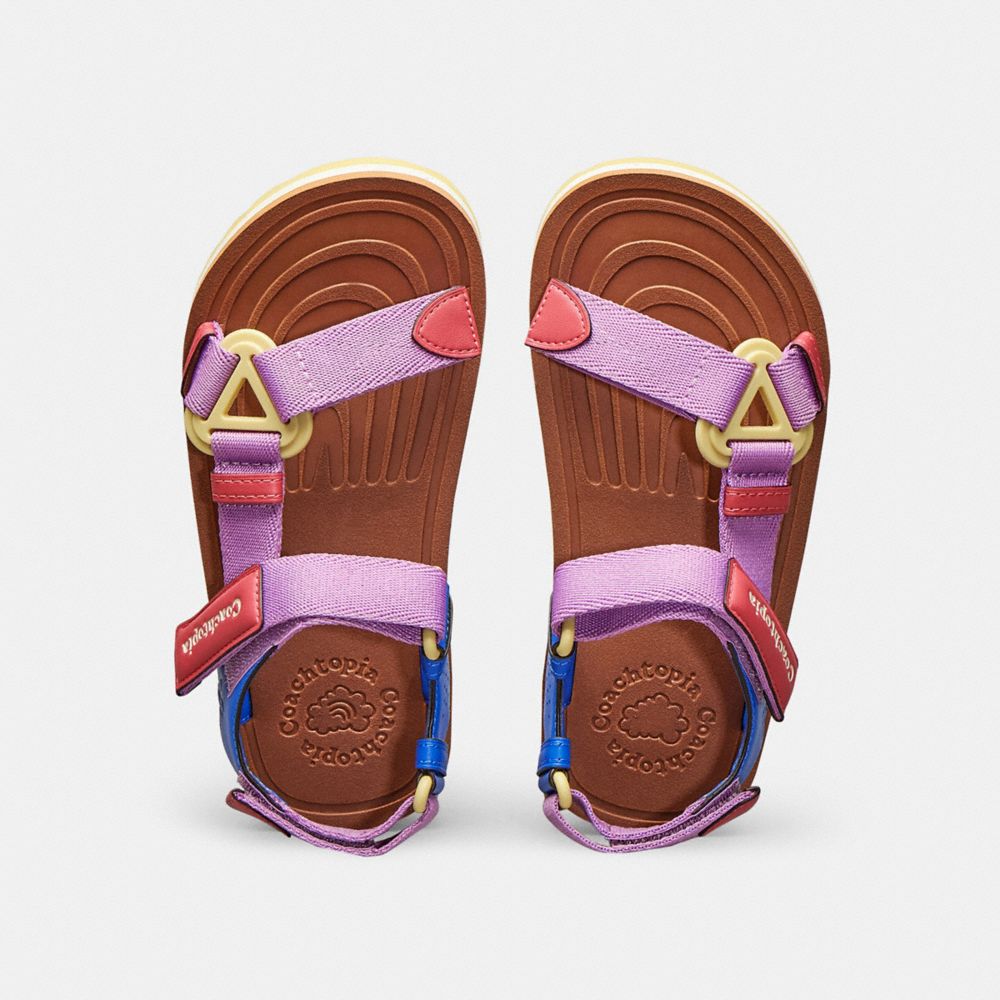 COACH®,Strappy Sandal,Coachtopia Leather,Burnished
					Amber/Violet Multi,Inside View,Top View