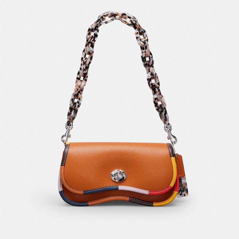 COACH®,Wavy Dinky Bag In Coachtopia Leather With Colorful Binding,Acrylic,Leather,Shoulder Bag,Plastic,Piping,Logo,Embosse...,Brown,Front View