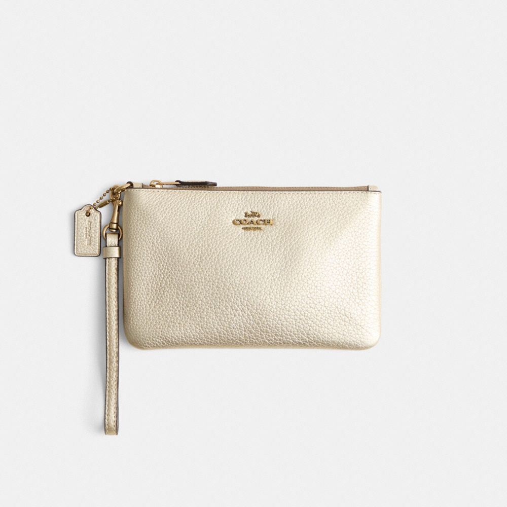 COACH®,Restored Small Wristlet,Wristlet,Pouch,Metal,Logo,Scratch Resistant,Casual,Cream,Front View