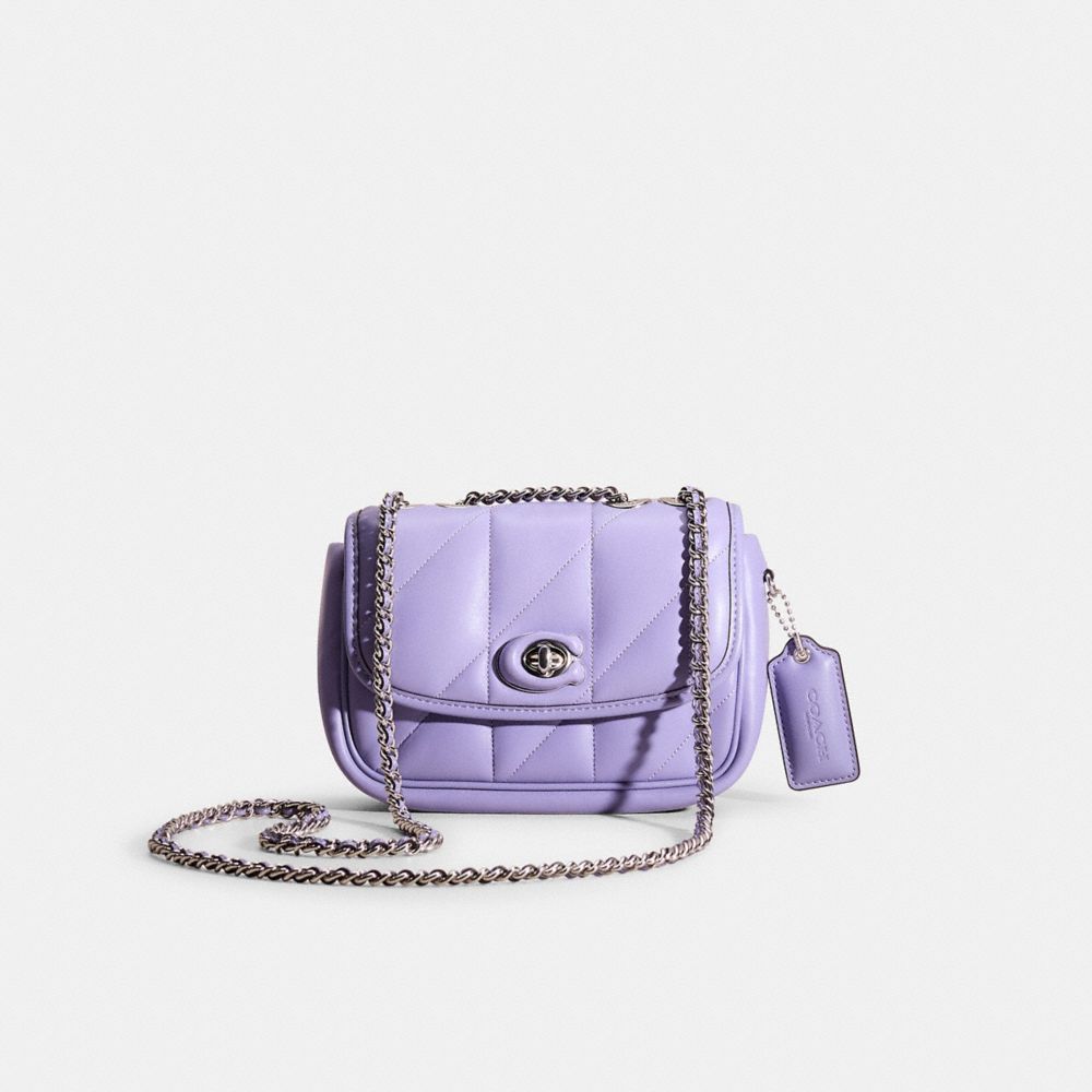 COACH®,Restored Pillow Madison Shoulder Bag 18 With Quilting,Leather,Saddle Bag,Logo,Compact,Casual,Lavender,Front View