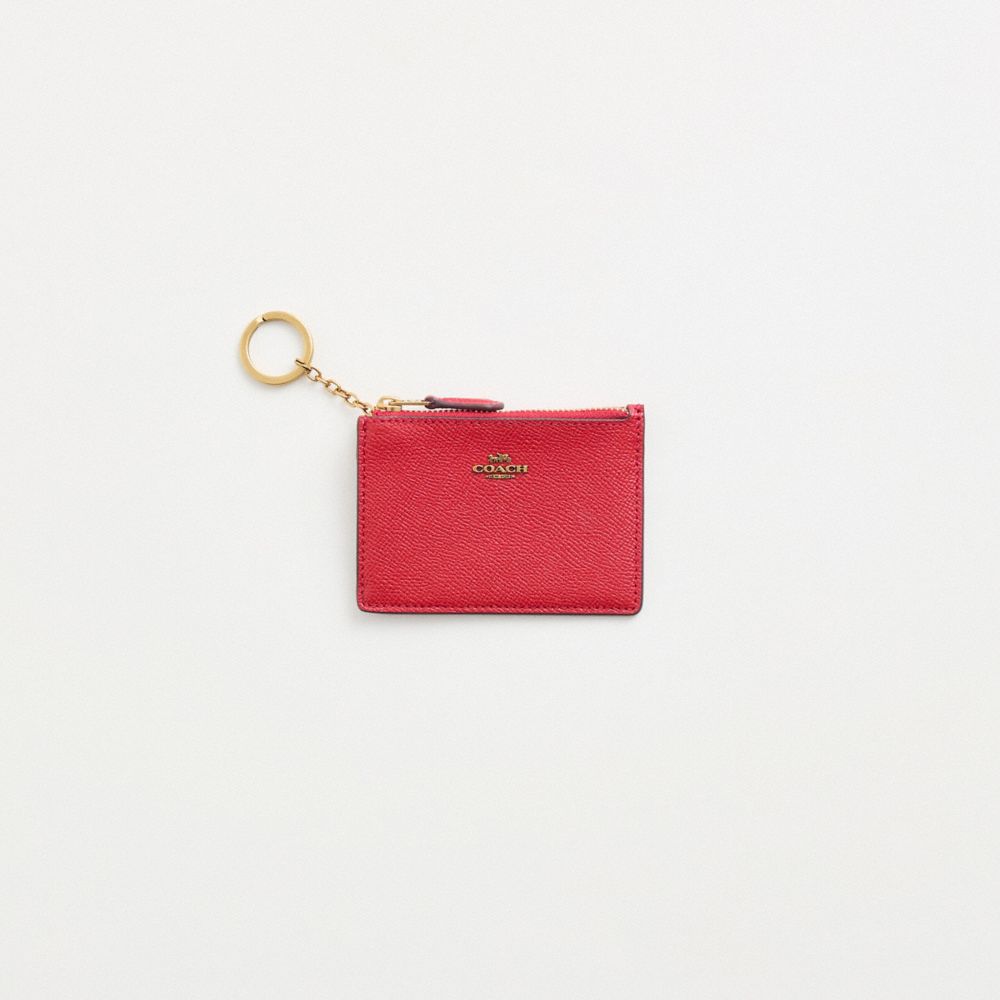 COACH®,Restored Mini Skinny Id Case,Leather,Card Case,Logo,Metal,Key Ring,Casual,Red,Front View