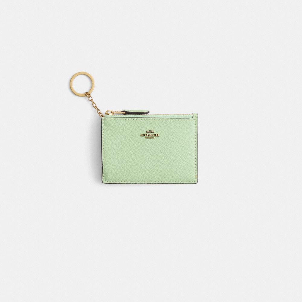 COACH®,Restored Mini Skinny Id Case,Leather,Card Case,Logo,Metal,Key Ring,Casual,Green,Front View
