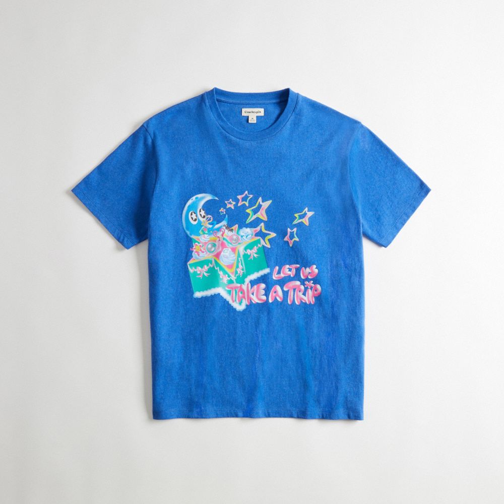 COACH®,Relaxed T Shirt With Let Us Take A Trip Print,Recycled Cotton,T Shirt,No Embellishment,Casual,Blue,Front View
