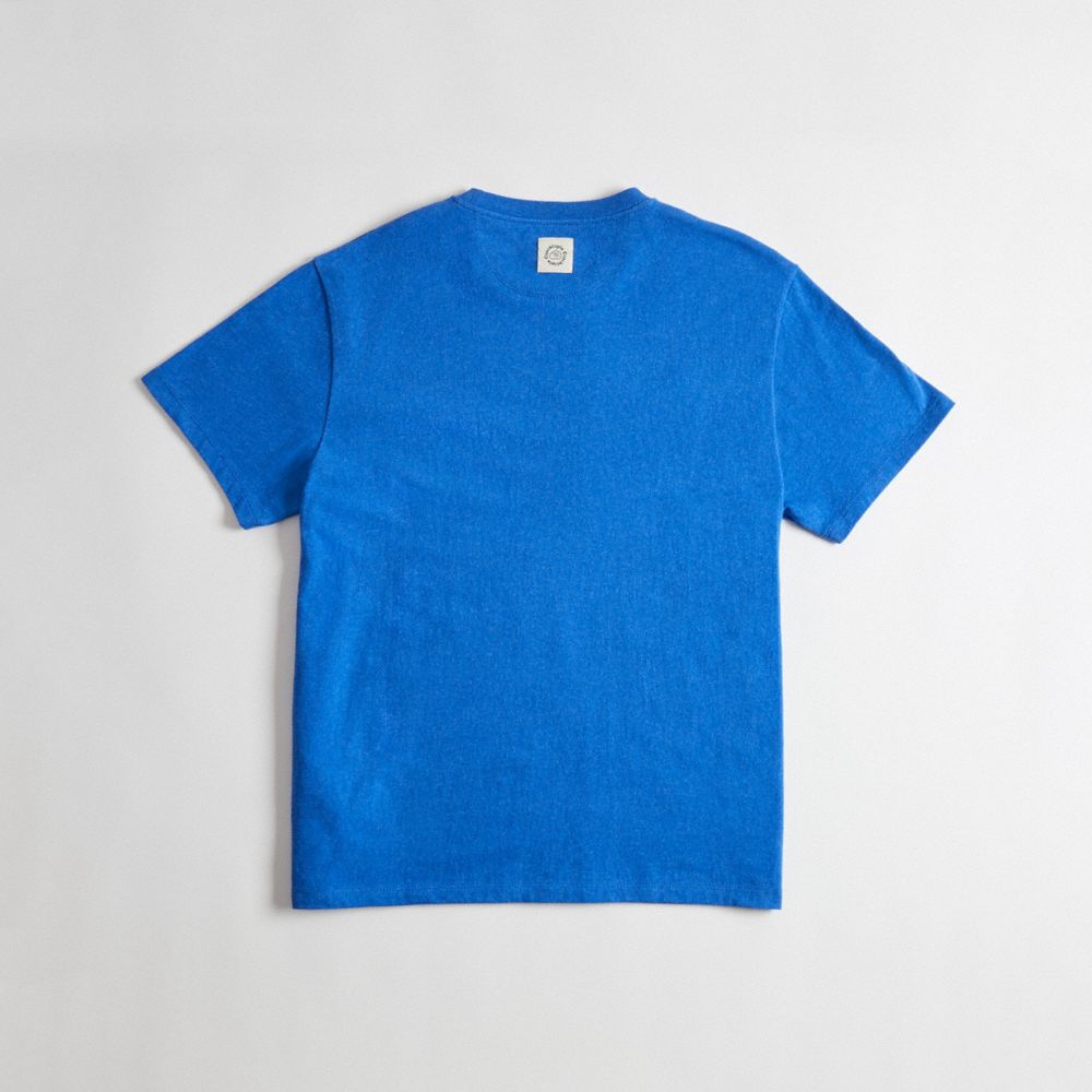 COACH®,Relaxed T Shirt With Let Us Take A Trip Print,Recycled Cotton,T Shirt,No Embellishment,Casual,Blue,Back View