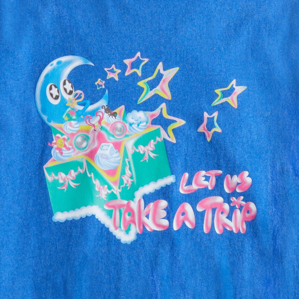 COACH®,Relaxed T Shirt With Let Us Take A Trip Print,Recycled Cotton,T Shirt,No Embellishment,Casual,Blue,Closer View