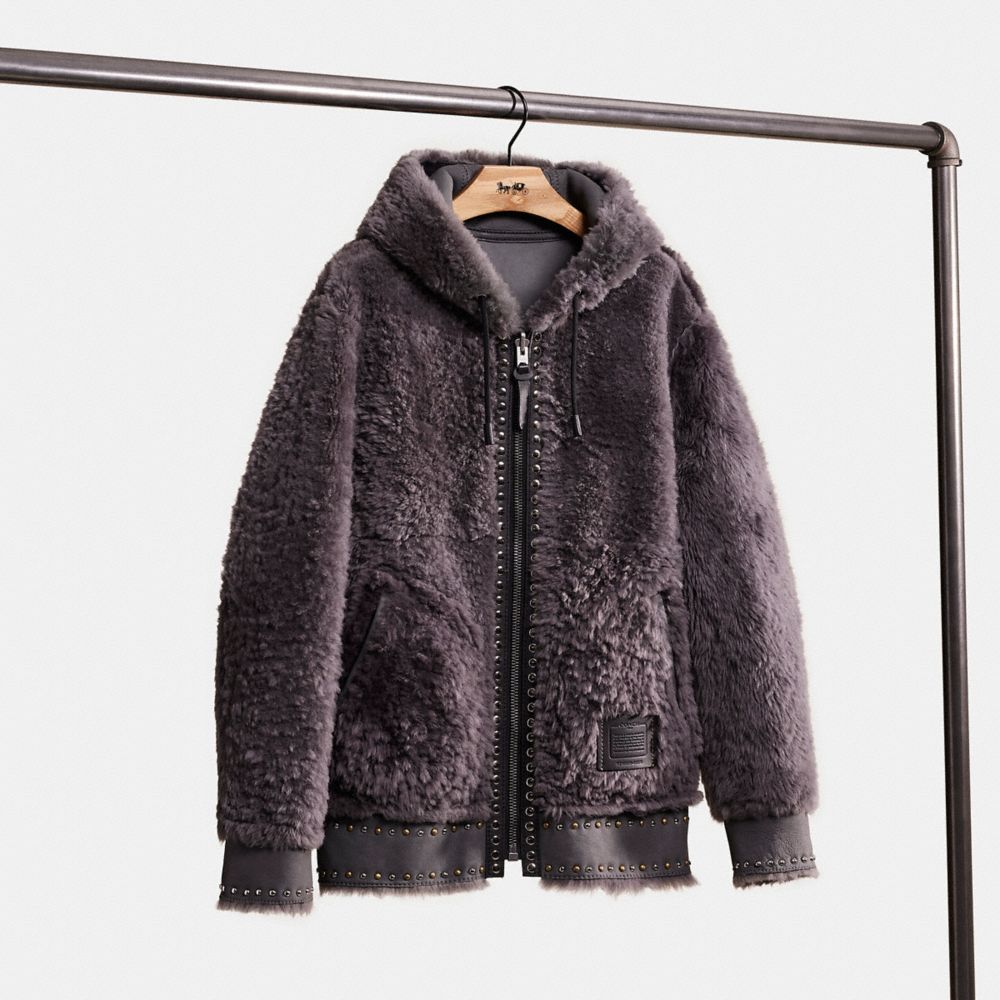 COACH®,UPCRAFTED REVERSIBLE SHEARLING HOODIE,Polished Pebble Leather,,Front View