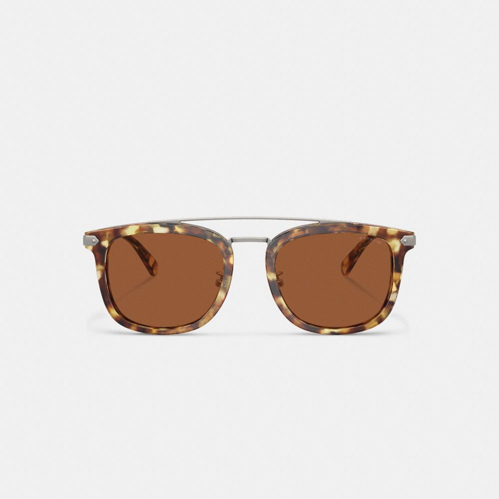 COACH®,Wrap Around Hangtag Browbar Sunglasses,Wayfarer,Tortoise,Logo,Metal,Brow Bar,Adjustable Nose Pads,Casual,Brown,Inside View,Top View