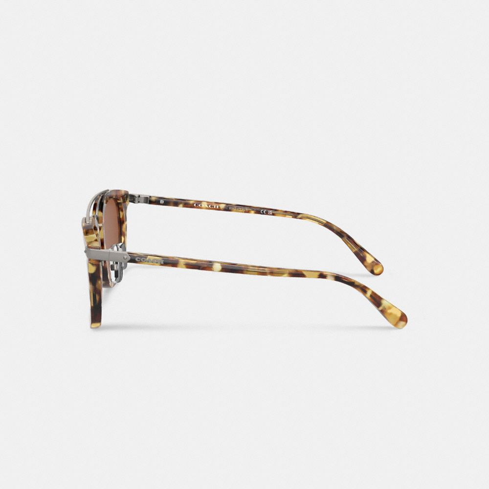 COACH®,Wrap Around Hangtag Browbar Sunglasses,Wayfarer,Tortoise,Logo,Metal,Brow Bar,Adjustable Nose Pads,Casual,Brown,Alternate View