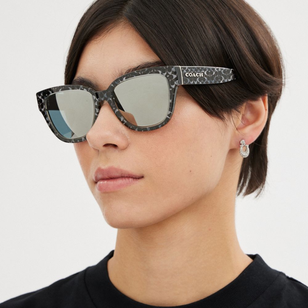 COACH®,Signature Round Sunglasses,Wayfarer,Plastic,Logo,Metal,Integrated Nose Pads,Casual,Gray,Angle View