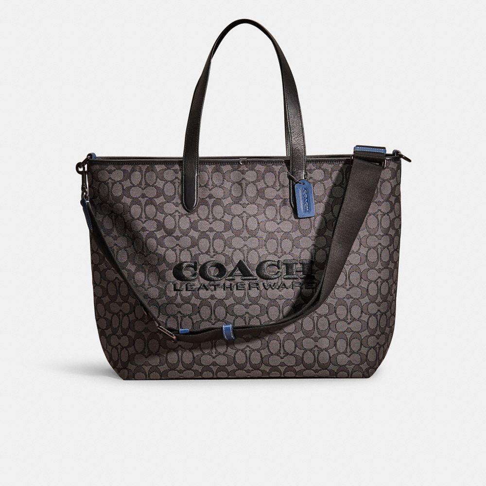 COACH®,Restored League Tote In Signature Jacquard,Recycled Polyester,Cotton,Leather,Tote,Plastic,Piping,Casual,Black,Front View